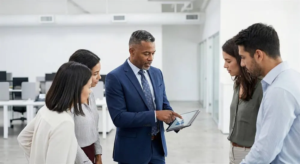 A team leader walking colleagues through results on a tablet